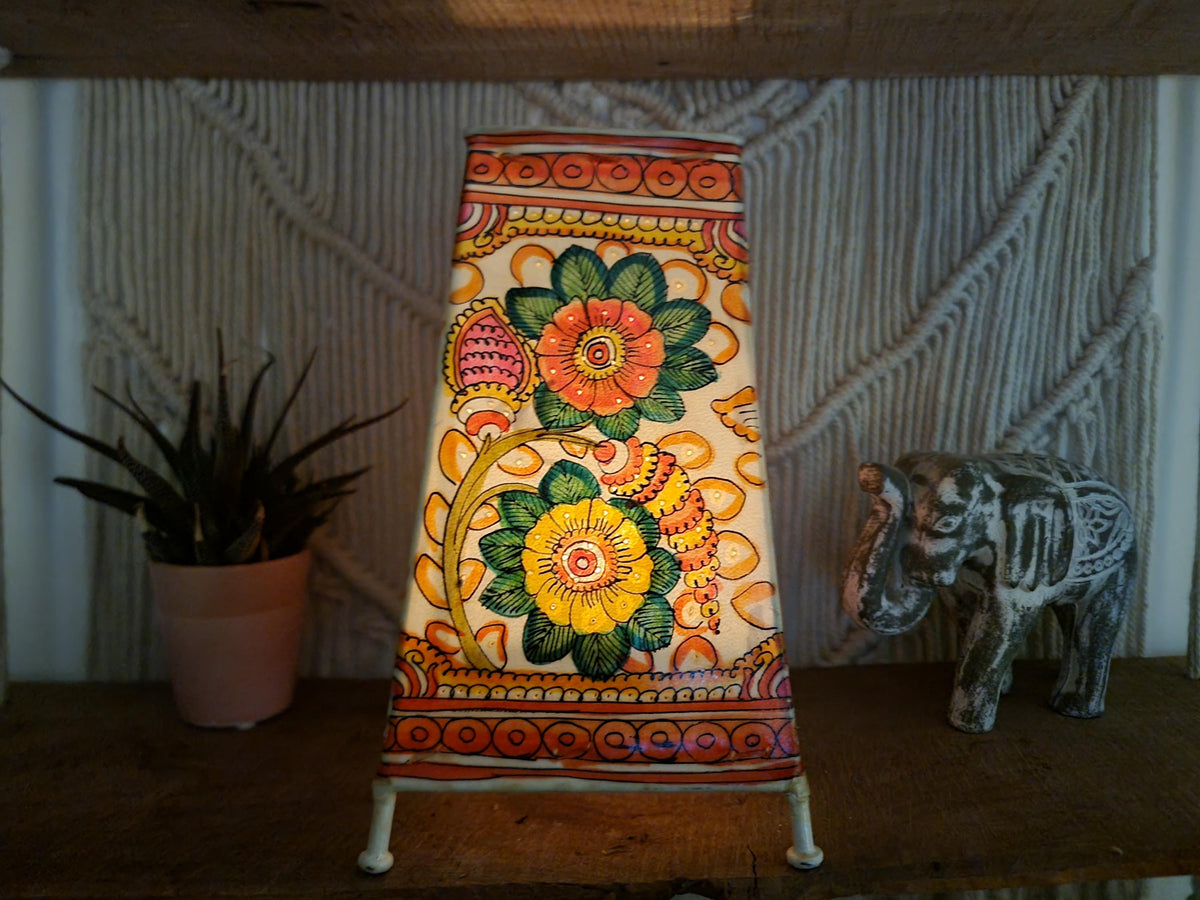 Hand-Painted Leather Floral Lampshade: Boho Tribal Decor