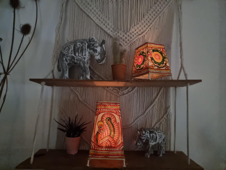 Hand-Painted Leather Lampshade: Peacock & Floral Boho Home Decor