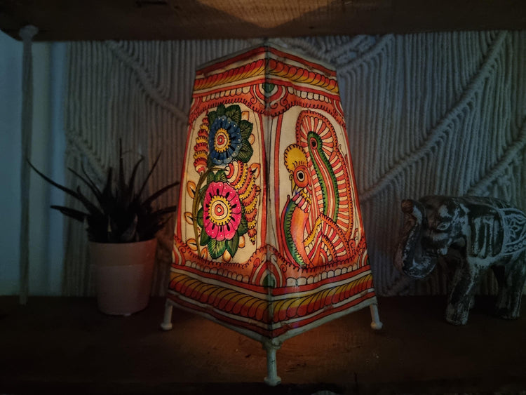 Hand-Painted Leather Lampshade: Peacock & Floral Boho Home Decor