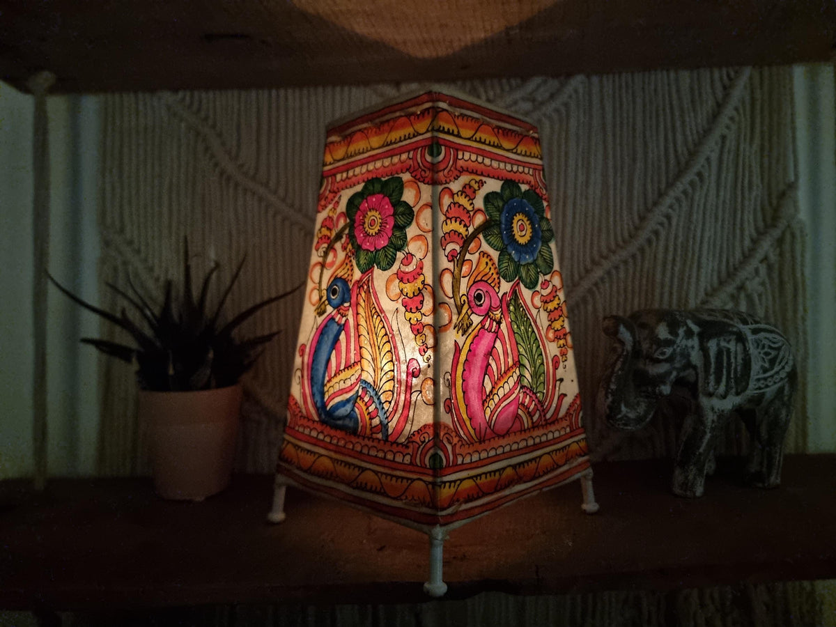 Hand-Painted Peacock Leather Lampshade: Boho Tribal Home Decor