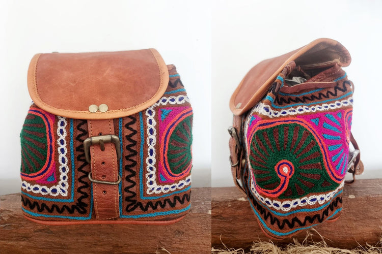 Embroidered Leather Backpack Handmade Mini Boho Backpack Women's Festival Rucksack Moroccan Leather Bag Gift