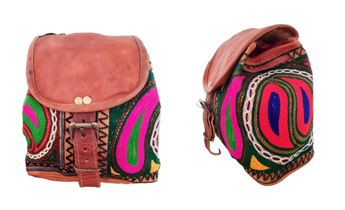 Embroidered Leather Backpack Handmade Mini Boho Backpack Women's Festival Rucksack Moroccan Leather Bag Gift