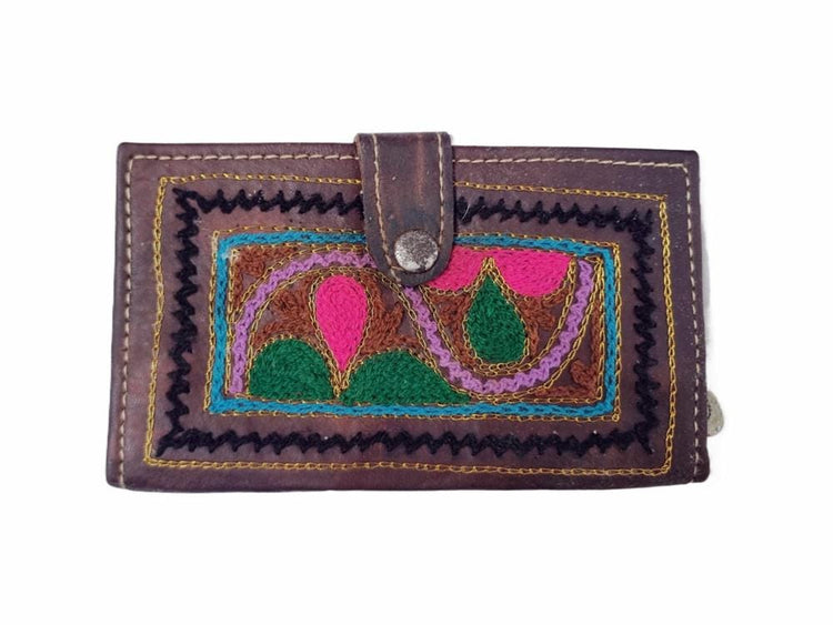Embroidered Leather Hippie Wallet: Vintage Bifold Purse
