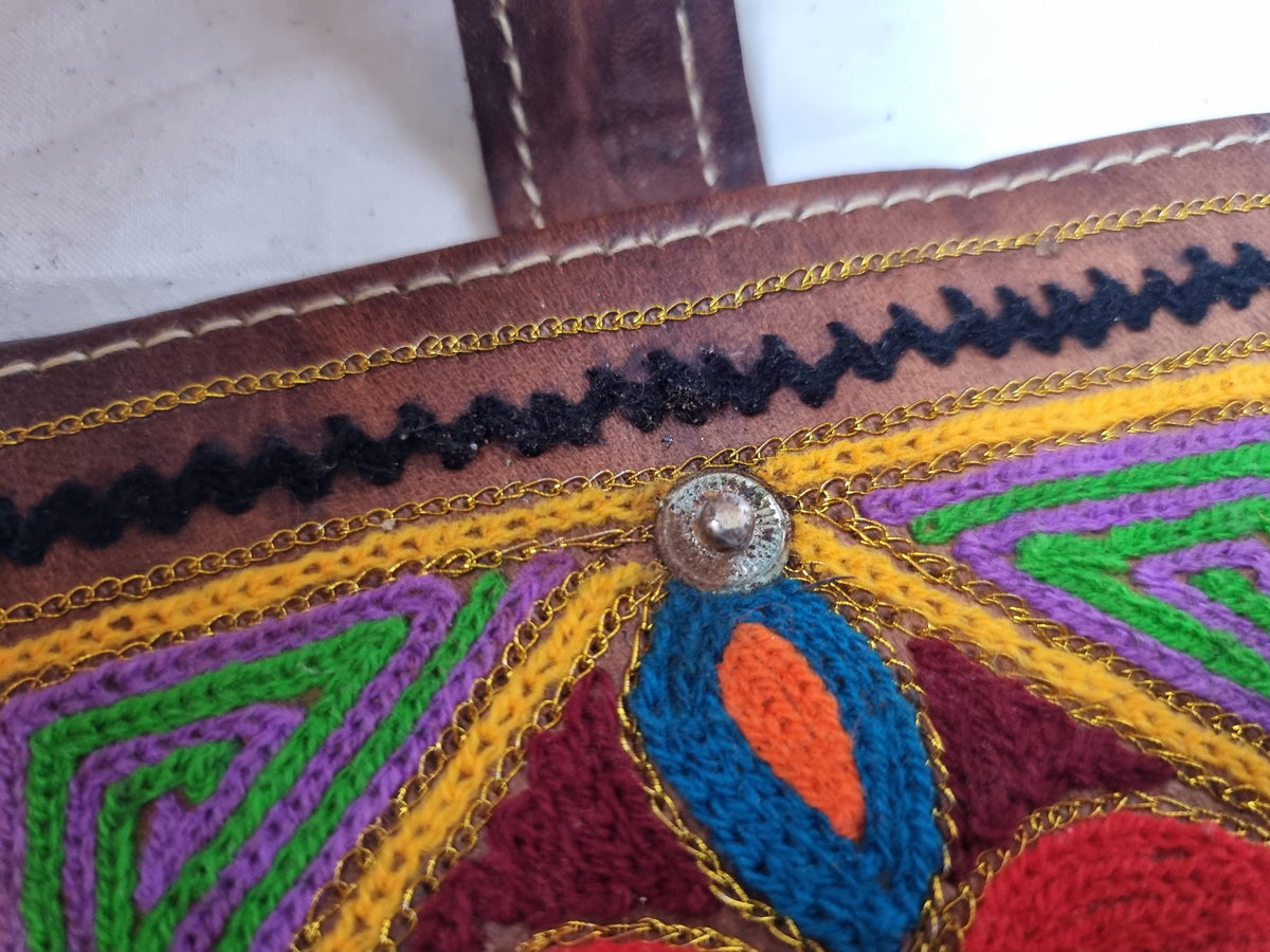 Handmade Vintage Embroidered Leather Wallet: 1970s Boho Purse
