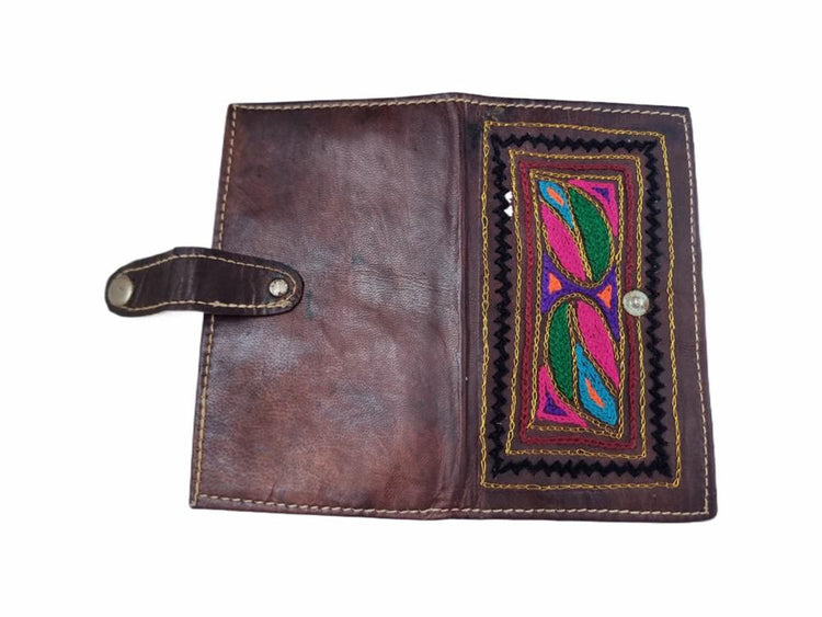Embroidered Leather Wallet: Handmade Boho Hippie Coin Purse