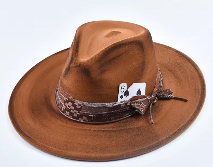 Distressed Brown Fedora: Vegan Felt Cowboy Hat with Poker Card