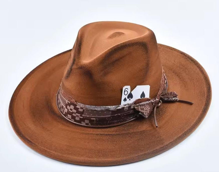 Distressed Brown Fedora: Vegan Felt Cowboy Hat with Poker Card