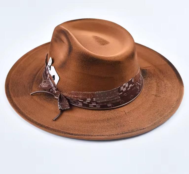 Distressed Brown Fedora: Vegan Felt Cowboy Hat with Poker Card