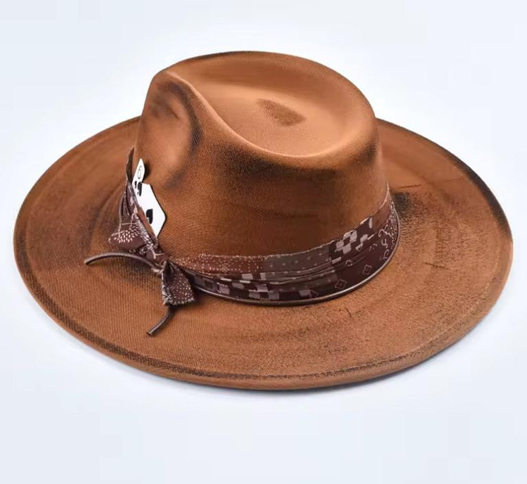 Distressed Brown Fedora: Vegan Felt Cowboy Hat with Poker Card