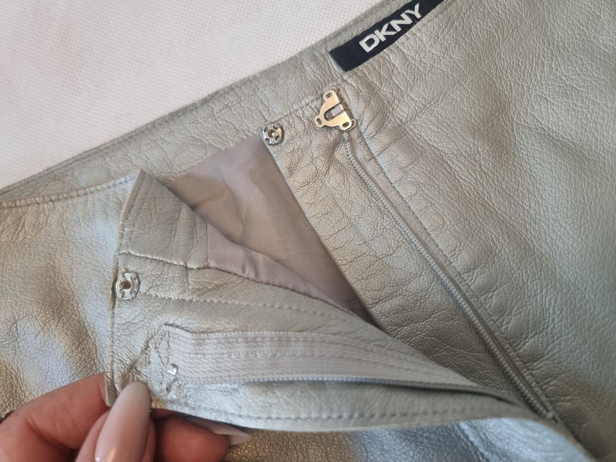 Vintage DKNY Leather Shorts, Y2K Metallic Silver Soft Genuine Leather Festival Shorts, XS UK 6 (34), Summer Party Outfit