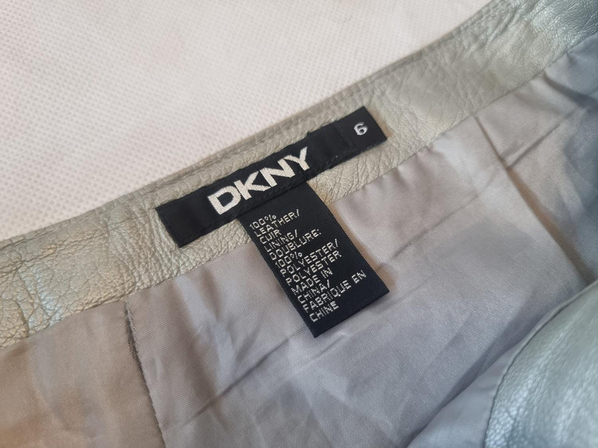 Vintage DKNY Leather Shorts, Y2K Metallic Silver Soft Genuine Leather Festival Shorts, XS UK 6 (34), Summer Party Outfit