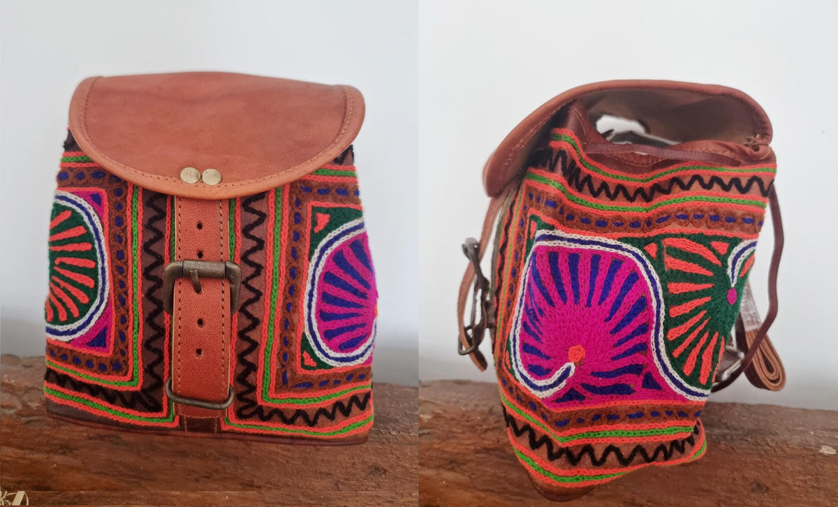 Embroidered Leather Backpack Handmade Mini Boho Backpack Women's Festival Rucksack Moroccan Leather Bag Gift