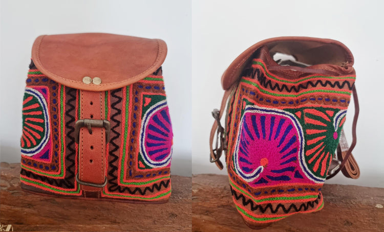 Embroidered Leather Backpack Handmade Mini Boho Backpack Women's Festival Rucksack Moroccan Leather Bag Gift