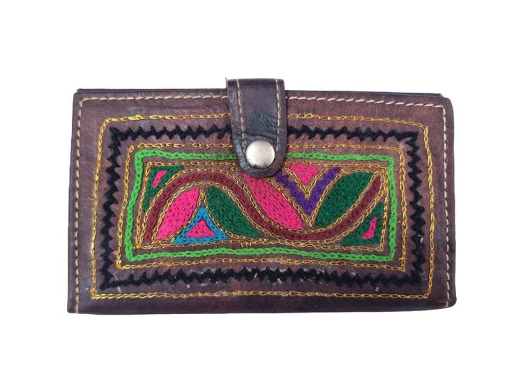Embroidered Leather Wallet: Handmade Boho Hippie Coin Purse
