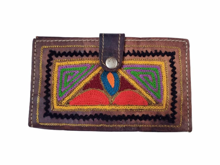 Handmade Vintage Embroidered Leather Wallet: 1970s Boho Purse