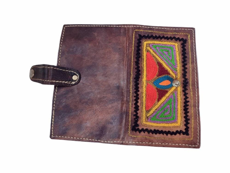 Handmade Vintage Embroidered Leather Wallet: 1970s Boho Purse