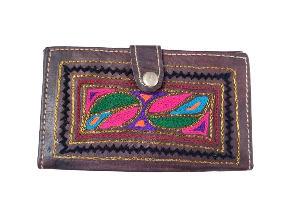 Embroidered Leather Wallet: Handmade Boho Hippie Coin Purse