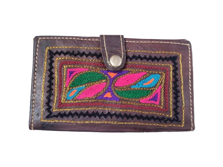 Embroidered Leather Wallet: Handmade Boho Hippie Coin Purse