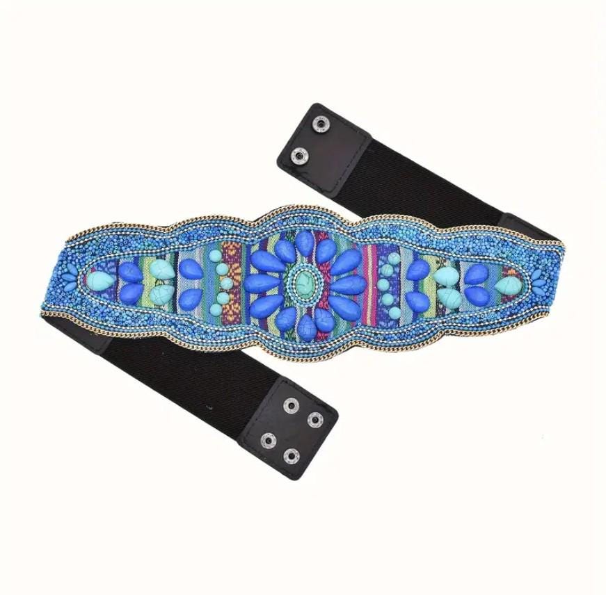 Wide Beaded Turquoise Boho Belt: Woven Aztec Kilim Elastic Waist Belt