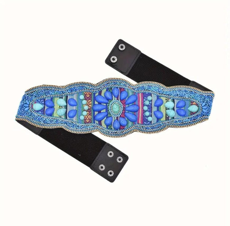 Wide Beaded Turquoise Boho Belt: Woven Aztec Kilim Elastic Waist Belt