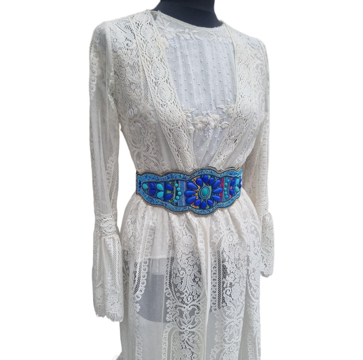 Wide Beaded Turquoise Boho Belt: Woven Aztec Kilim Elastic Waist Belt