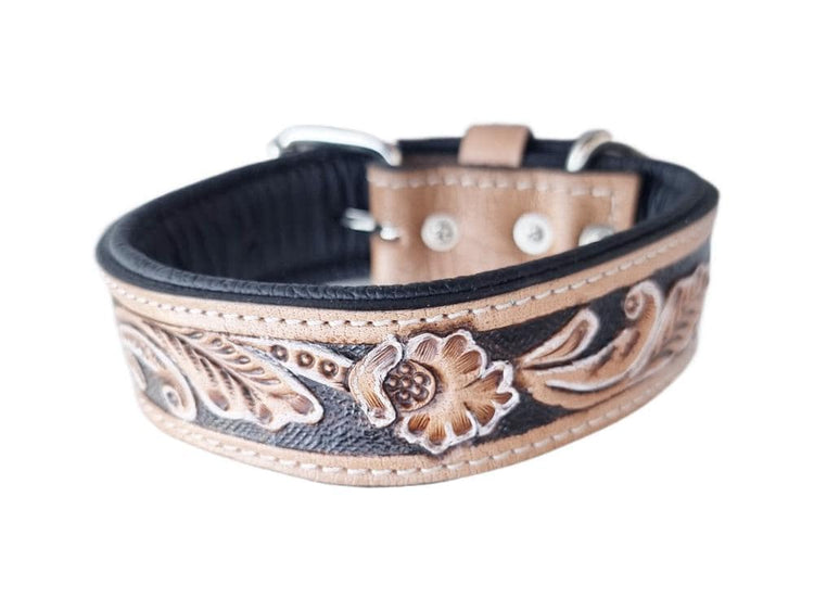 Hand Tooled Dog Collar Boy - Full Grain Leather Puppy Collar - Boho Floral Pattern Western Style
