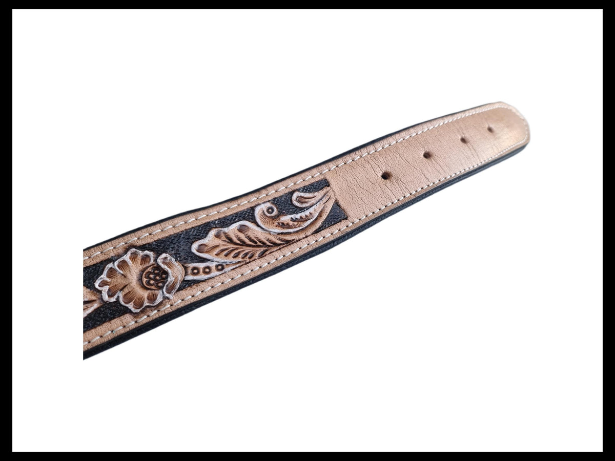 Hand Tooled Dog Collar Boy - Full Grain Leather Puppy Collar - Boho Floral Pattern Western Style