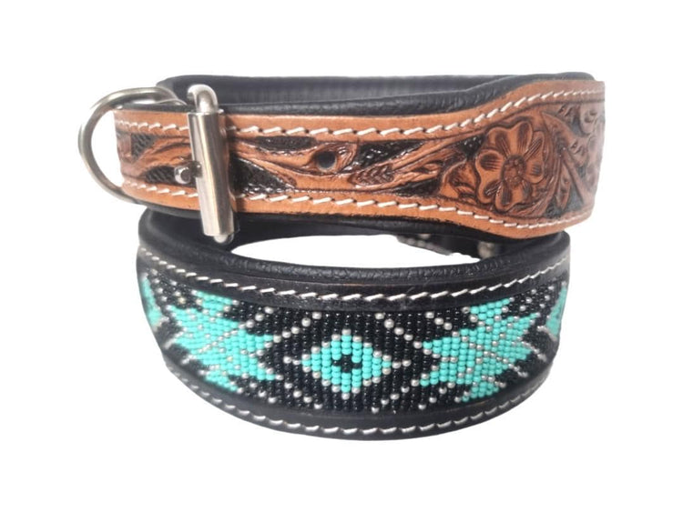 Beaded Dog Collar - Western Puppy Collar Boys Girls - Hand-Tooled Full Grain Genuine Leather - Southwestern Style
