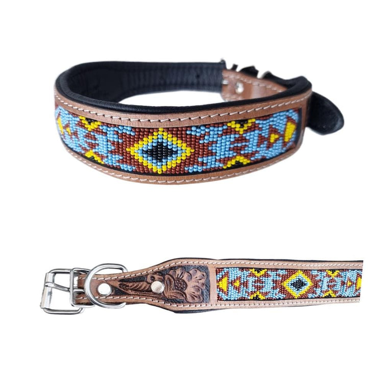 Southwestern Aztec Beaded Dog Collar - Western Puppy Collar Boys Girls - Tooled Full Grain Genuine Leather