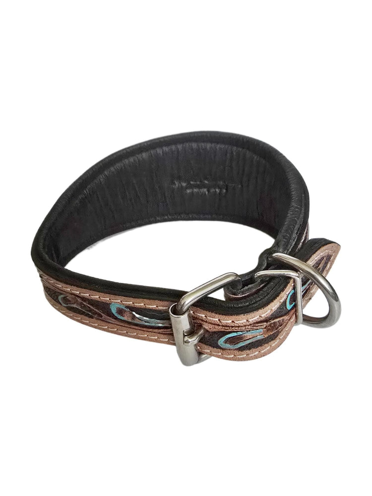 Greyhound Dog Collar, Tooled Genuine Leather, Multicoloured Floral Pattern, Handmade Puppy Harness, Pet Supplies