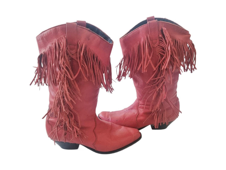 Western Fringe Red Leather Cowboy Boots for Women - Rodeo Cowgirl Style, US 6.5 38
