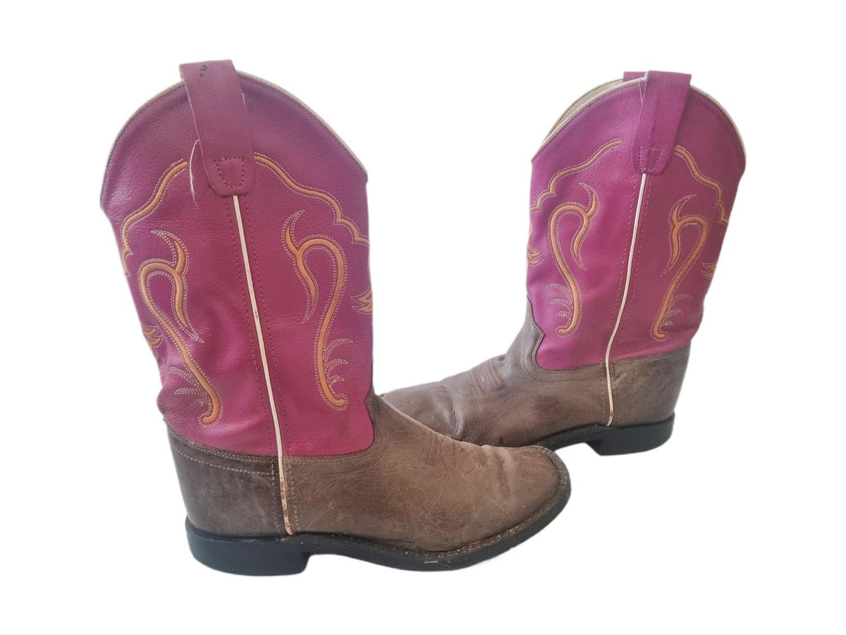 Pink Brown Western Leather Boots Women Size 38 UK 5, Rustic Genuine Leather Shoes Boho