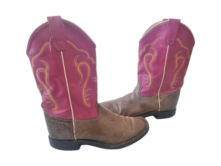 Pink Brown Western Leather Boots Women Size 38 UK 5, Rustic Genuine Leather Shoes Boho