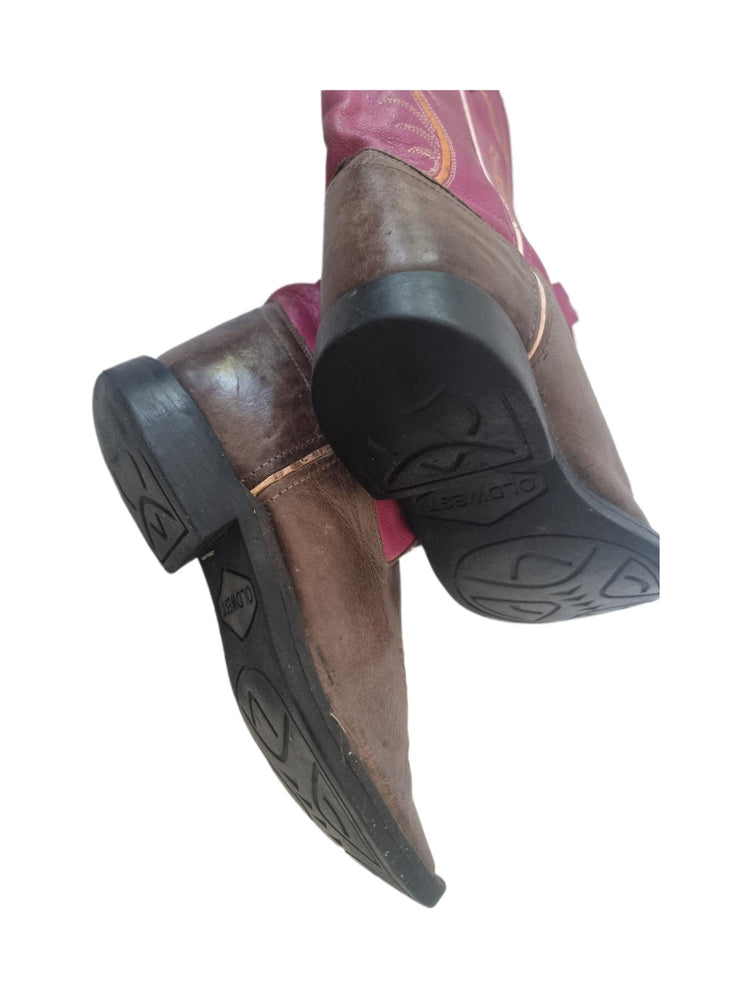 Pink Brown Western Leather Boots Women Size 38 UK 5, Rustic Genuine Leather Shoes Boho