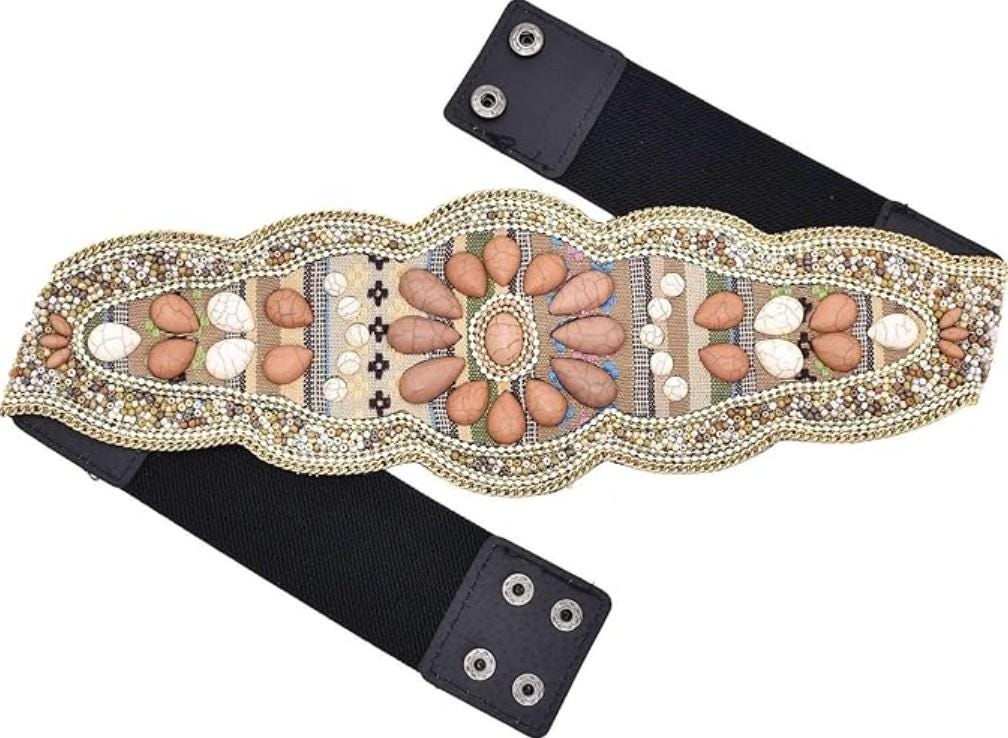 Wide Beaded Turquoise Boho Belt: Woven Aztec Kilim Elastic Waist Belt