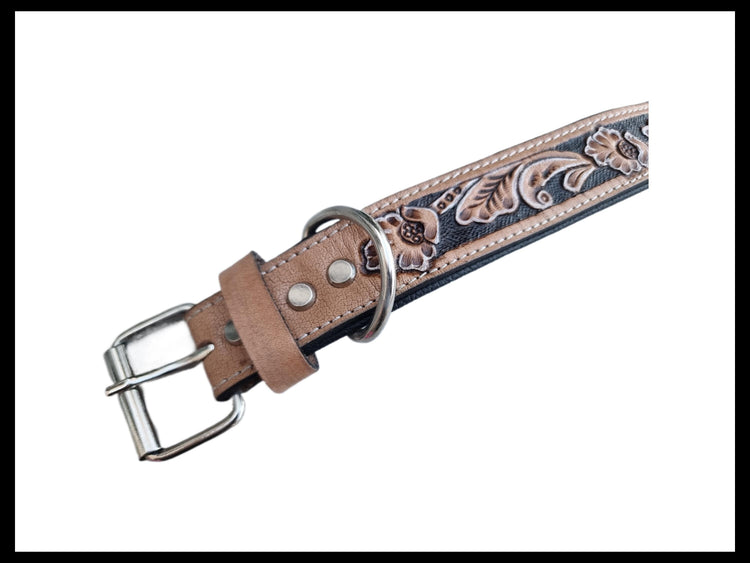 Hand Tooled Dog Collar Boy - Full Grain Leather Puppy Collar - Boho Floral Pattern Western Style