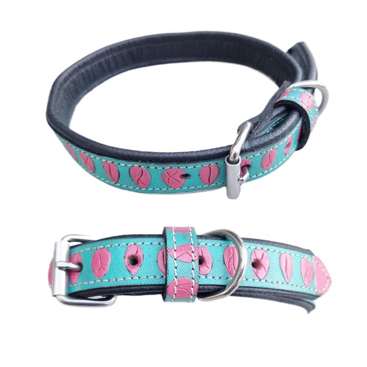 Pink & Turquoise Dog Collar - Tooled Full Grain Leather - Padded Slim Puppy Collar Girls for Small and Medium Size Breeds