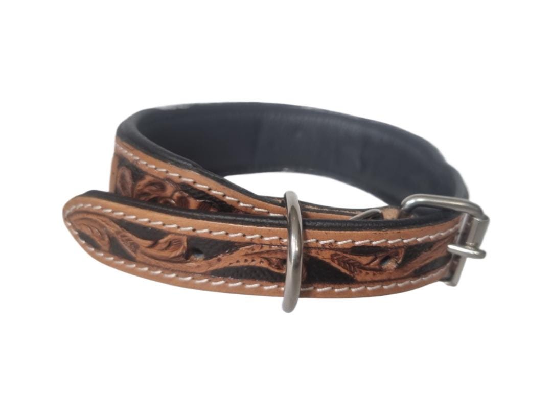 Greyhound Dog Collar, Tooled Genuine Leather, Multicoloured Floral Pattern, Handmade Puppy Harness, Pet Supplies