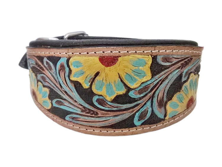 Greyhound Dog Collar, Tooled Genuine Leather, Multicoloured Floral Pattern, Handmade Puppy Harness, Pet Supplies