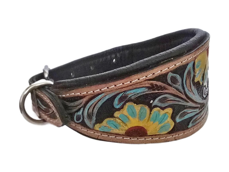 Greyhound Dog Collar, Tooled Genuine Leather, Multicoloured Floral Pattern, Handmade Puppy Harness, Pet Supplies