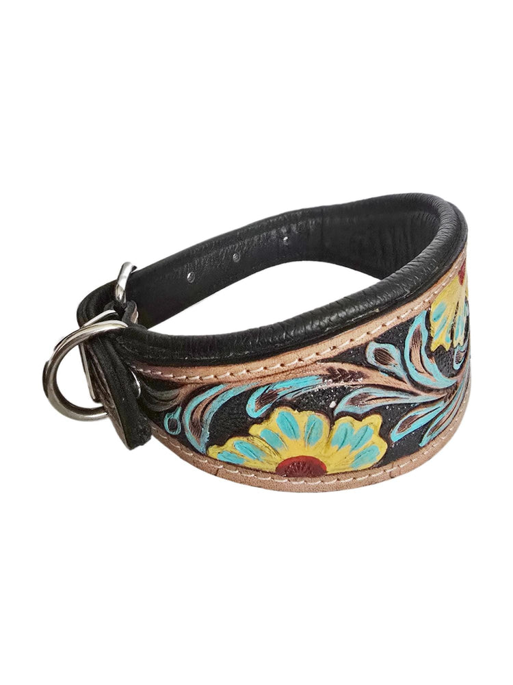 Greyhound Dog Collar, Tooled Genuine Leather, Multicoloured Floral Pattern, Handmade Puppy Harness, Pet Supplies