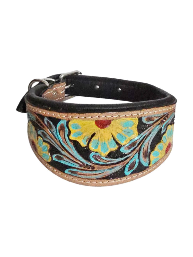Greyhound Dog Collar, Tooled Genuine Leather, Multicoloured Floral Pattern, Handmade Puppy Harness, Pet Supplies