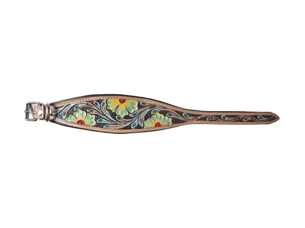 Greyhound Dog Collar, Tooled Genuine Leather, Multicoloured Floral Pattern, Handmade Puppy Harness, Pet Supplies