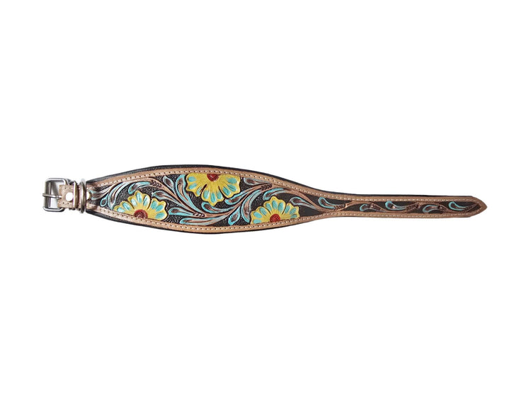 Greyhound Dog Collar, Tooled Genuine Leather, Multicoloured Floral Pattern, Handmade Puppy Harness, Pet Supplies