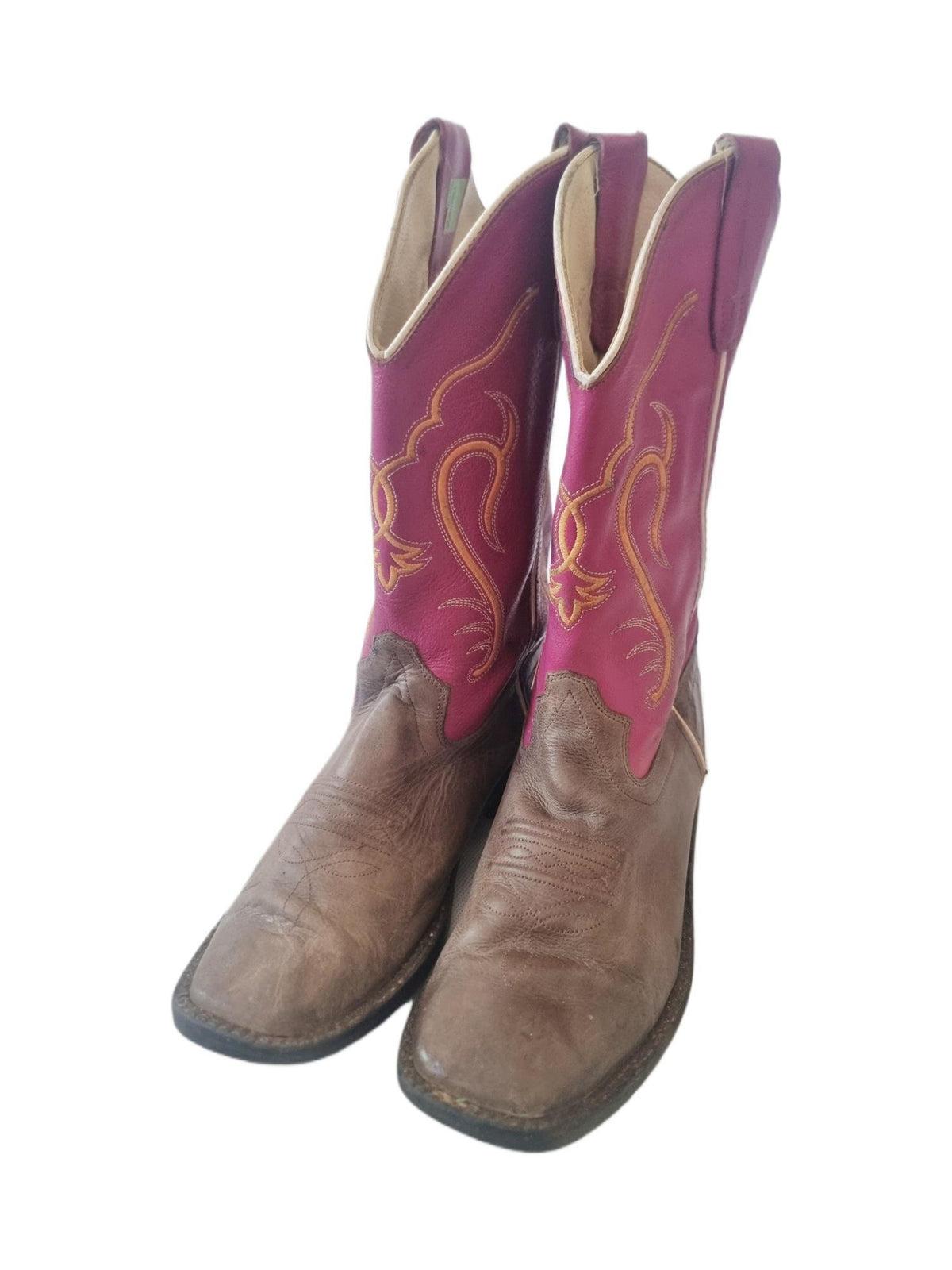 Pink Brown Western Leather Boots Women Size 38 UK 5, Rustic Genuine Leather Shoes Boho