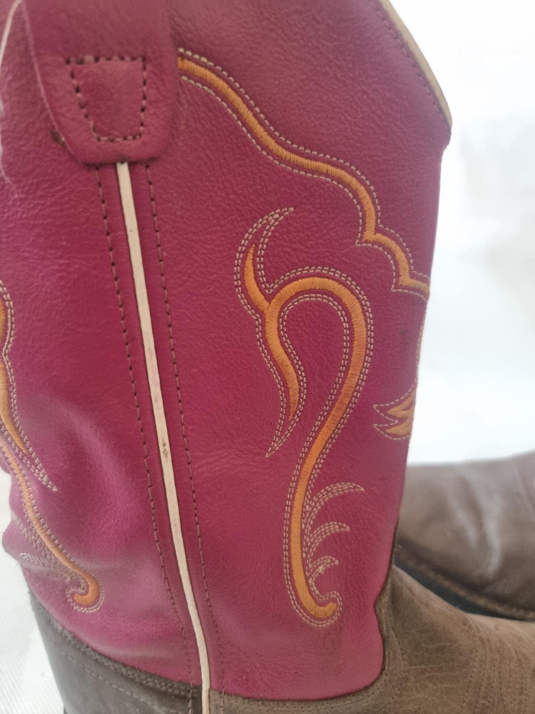 Pink Brown Western Leather Boots Women Size 38 UK 5, Rustic Genuine Leather Shoes Boho