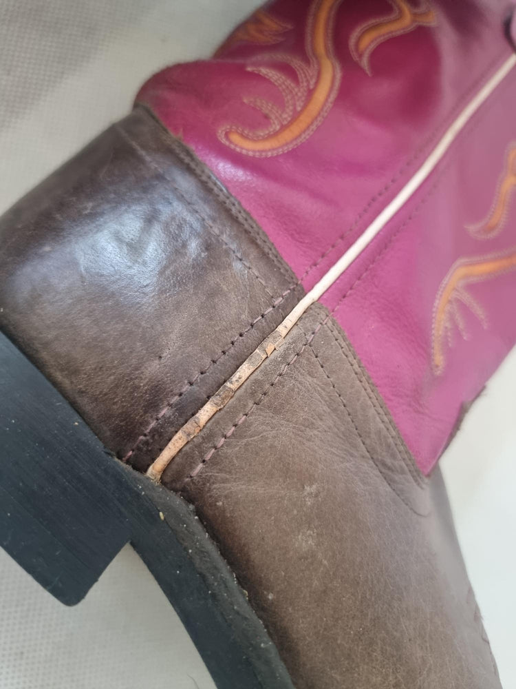 Pink Brown Western Leather Boots Women Size 38 UK 5, Rustic Genuine Leather Shoes Boho