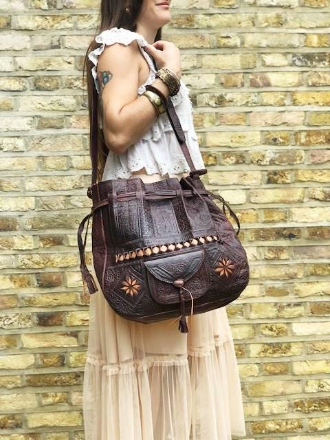Tooled Leather Hobo Bag: Vintage Bucket Tote, Bohemian Shoulder Bag