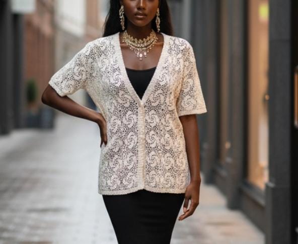 Vintage Crochet Boho Blouse: Handmade Cream White Floral Knit Top, Size M