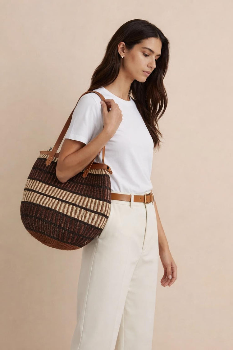 Vintage Sisal Bucket Bag: Leather Tote Bag, Boho Shoulder Purse